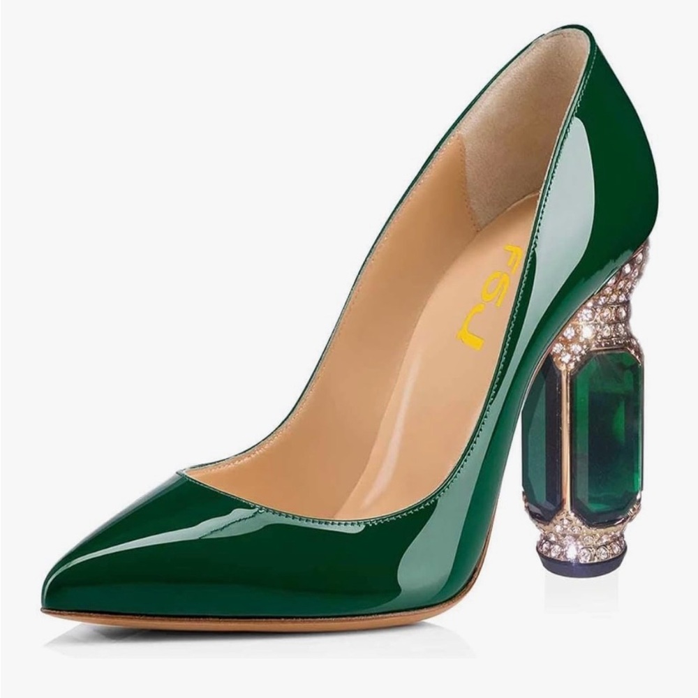 FSJ Wicked Green Emerald Patent Leather Heels with Embellished Heel